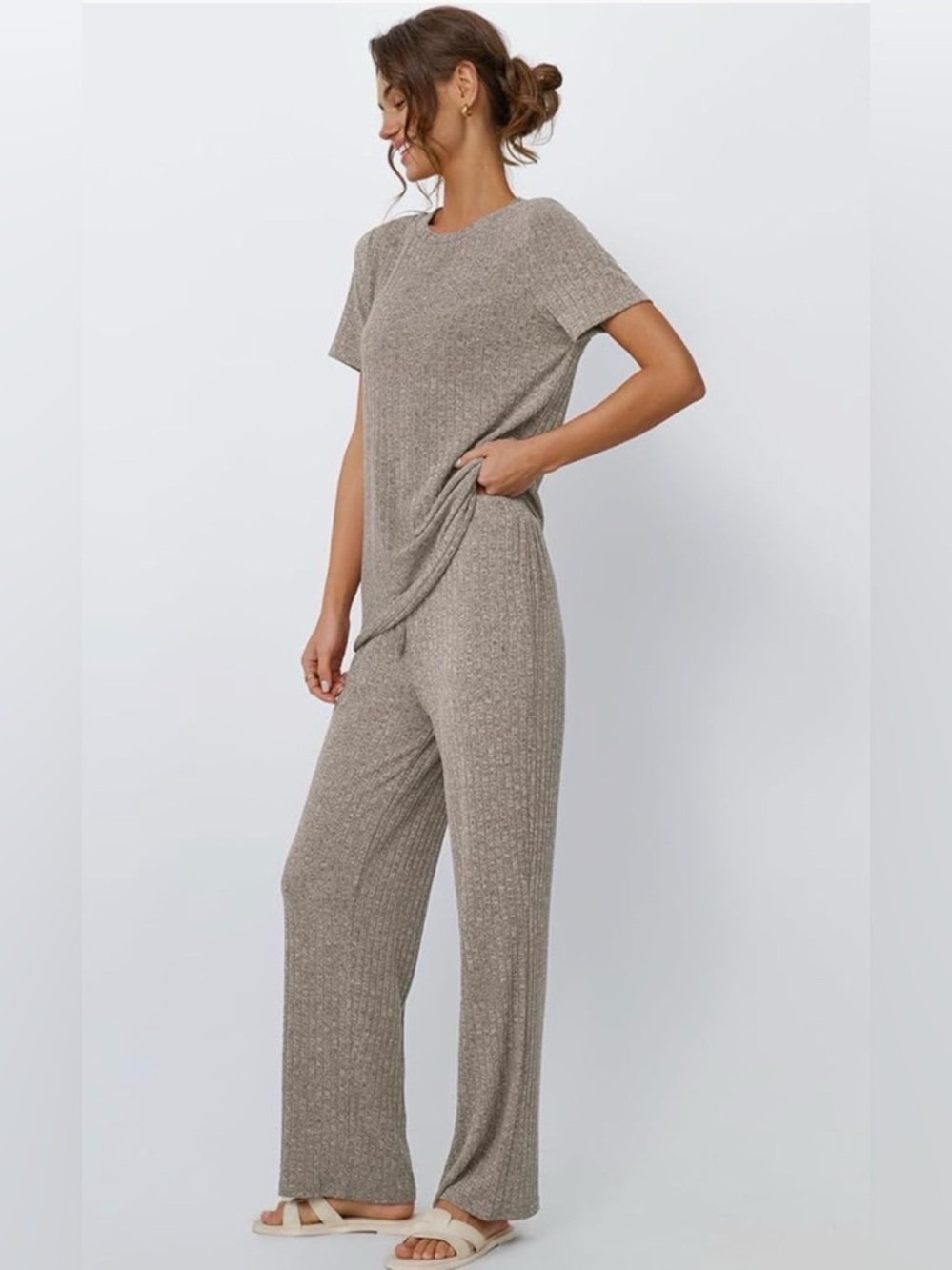 Soft Ribbed Lounge Set 2 Piece Matching Set Comfy Outfit Relaxed Fit Khaki - Picture 2 of 5